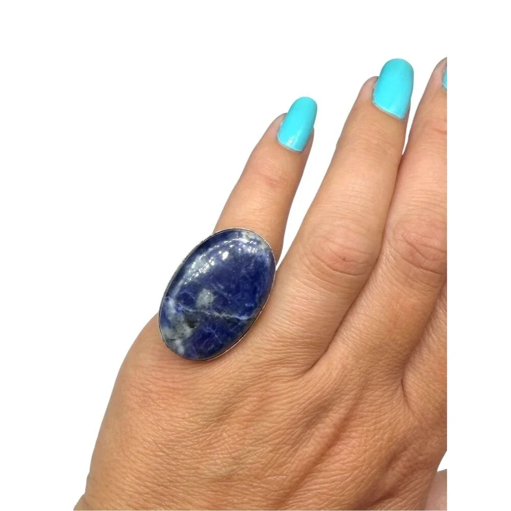 Sodalite Ring Size 5 925 Sterling Silver Overlay Chunky Oval Stone